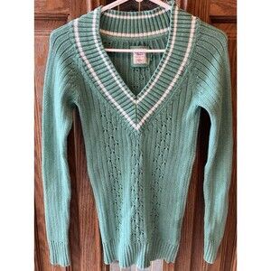 Vintage Old Navy Women's Light Green V-Neck Knit Sweater Size M 100% Cotton Y2K